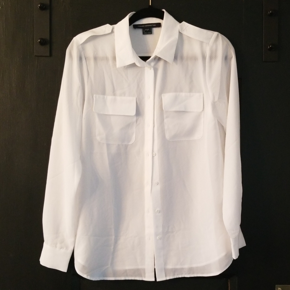 French Connection White Sheer Dress Shirt NWOT